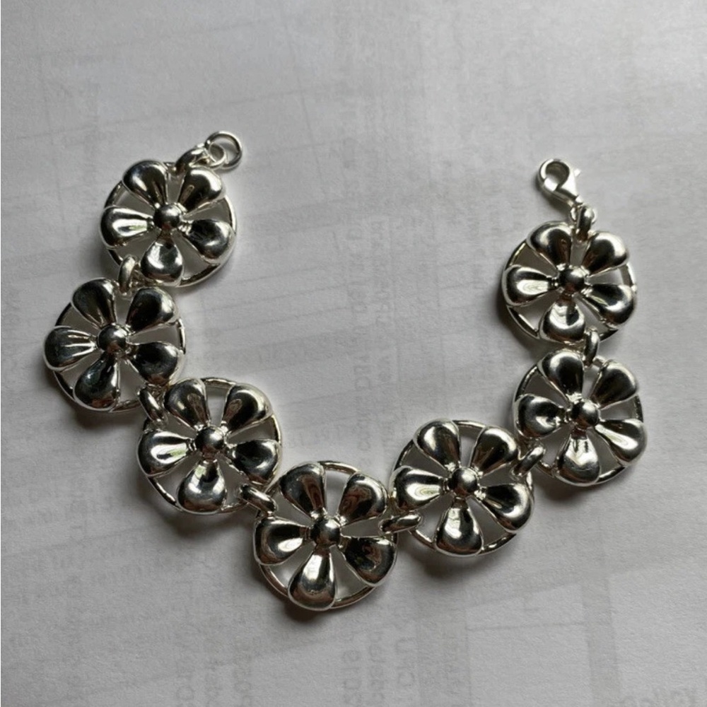 Signed David Sigal 925 Sterling Silver Large Floral Link Bracelet 7”